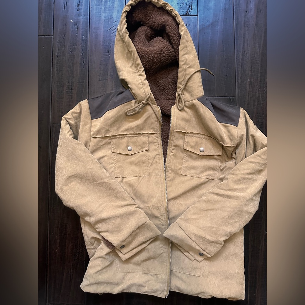 Tan Hooded Jacket with Brown Accents